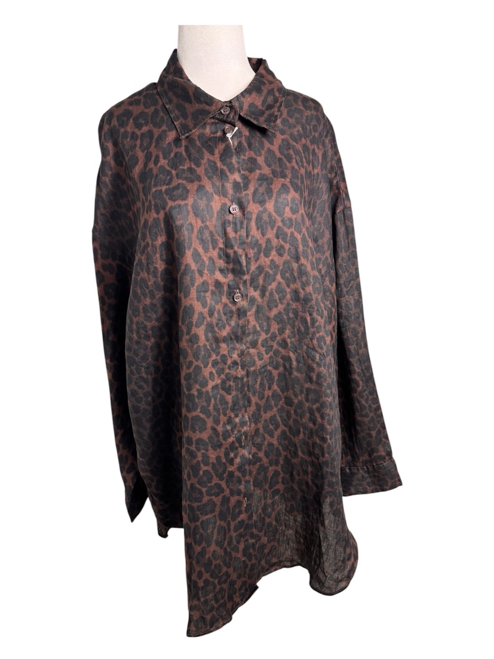 NWT H&M Brown Leopard Print Linen Button Down Oversized Shirt Large
